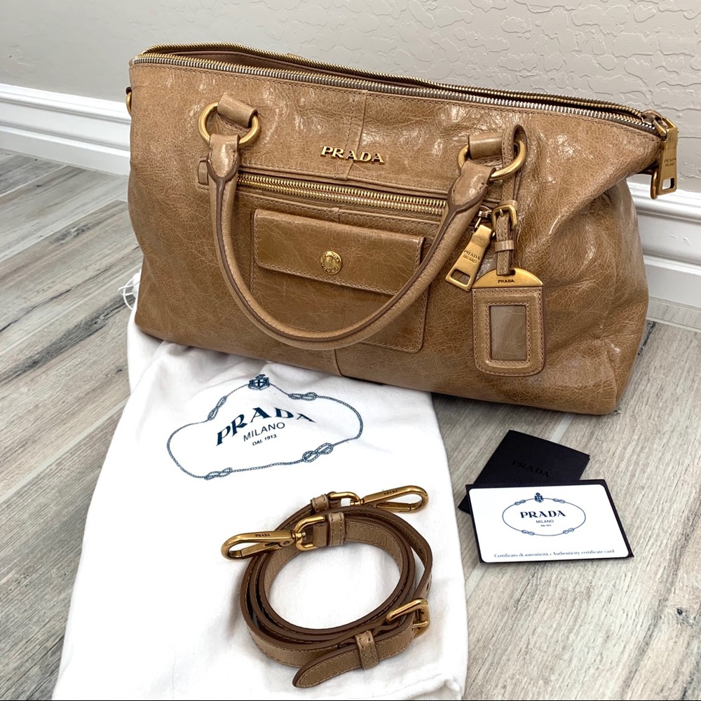 Prada Sughero Camel Vitello Shine Leather Satchel